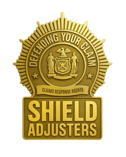 Gold shield badge for Shield Adjusters, public adjusters in New York, reading Defending Your Claim.