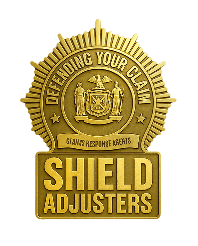 Gold shield badge for Shield Adjusters, public adjusters in New York, reading Defending Your Claim.